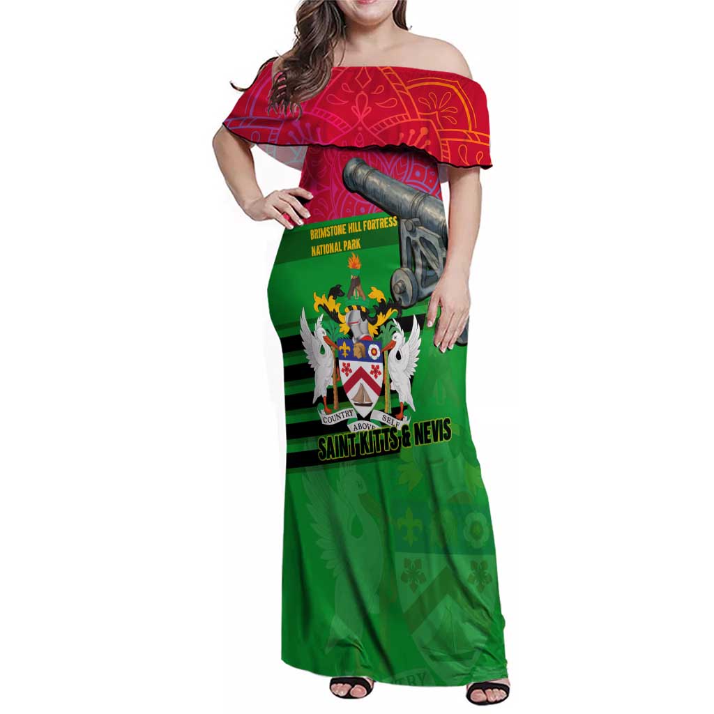 Saint Kitts and Nevis Apparel Family Matching Off Shoulder Maxi Dress and Hawaiian Shirt with National Coat of Arms and Cannon Graphic in Red and Green Cultural Pattern Design - Wonder Print Shop