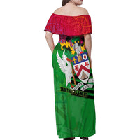 Saint Kitts and Nevis Apparel Family Matching Off Shoulder Maxi Dress and Hawaiian Shirt with National Coat of Arms and Cannon Graphic in Red and Green Cultural Pattern Design - Wonder Print Shop