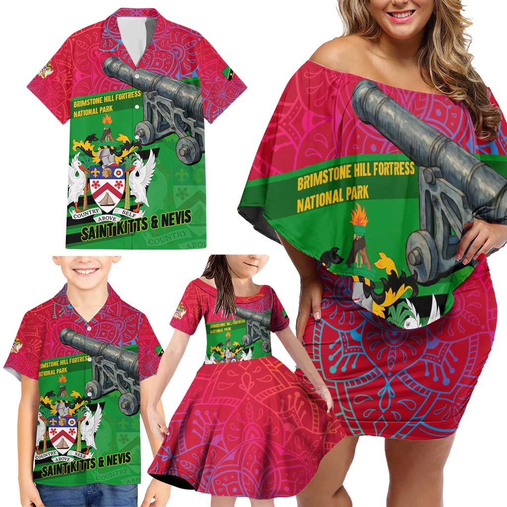 Saint Kitts and Nevis Apparel Family Matching Off Shoulder Short Dress and Hawaiian Shirt with National Coat of Arms and Cannon Graphic in Red and Green Cultural Pattern Design - Wonder Print Shop