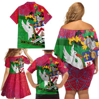 Saint Kitts and Nevis Apparel Family Matching Off Shoulder Short Dress and Hawaiian Shirt with National Coat of Arms and Cannon Graphic in Red and Green Cultural Pattern Design - Wonder Print Shop