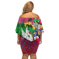 Saint Kitts and Nevis Apparel Family Matching Off Shoulder Short Dress and Hawaiian Shirt with National Coat of Arms and Cannon Graphic in Red and Green Cultural Pattern Design - Wonder Print Shop