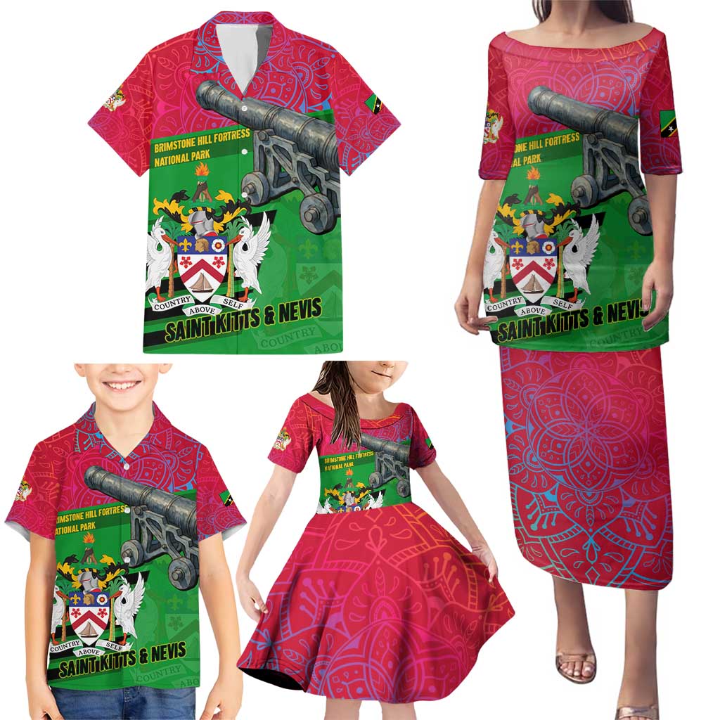 Saint Kitts and Nevis Apparel Family Matching Puletasi and Hawaiian Shirt with National Coat of Arms and Cannon Graphic in Red and Green Cultural Pattern Design - Wonder Print Shop