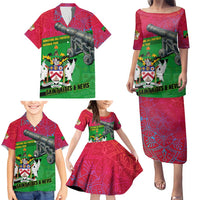 Saint Kitts and Nevis Apparel Family Matching Puletasi and Hawaiian Shirt with National Coat of Arms and Cannon Graphic in Red and Green Cultural Pattern Design - Wonder Print Shop