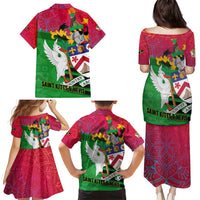 Saint Kitts and Nevis Apparel Family Matching Puletasi and Hawaiian Shirt with National Coat of Arms and Cannon Graphic in Red and Green Cultural Pattern Design - Wonder Print Shop