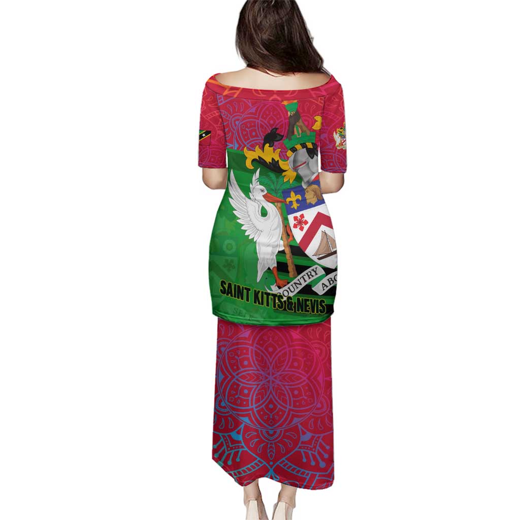 Saint Kitts and Nevis Apparel Family Matching Puletasi and Hawaiian Shirt with National Coat of Arms and Cannon Graphic in Red and Green Cultural Pattern Design - Wonder Print Shop