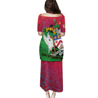 Saint Kitts and Nevis Apparel Family Matching Puletasi and Hawaiian Shirt with National Coat of Arms and Cannon Graphic in Red and Green Cultural Pattern Design - Wonder Print Shop