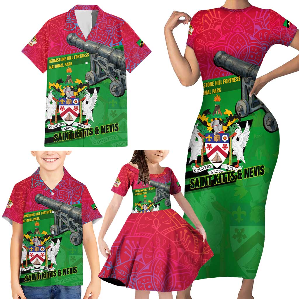 Saint Kitts and Nevis Apparel Family Matching Short Sleeve Bodycon Dress and Hawaiian Shirt with National Coat of Arms and Cannon Graphic in Red and Green Cultural Pattern Design - Wonder Print Shop