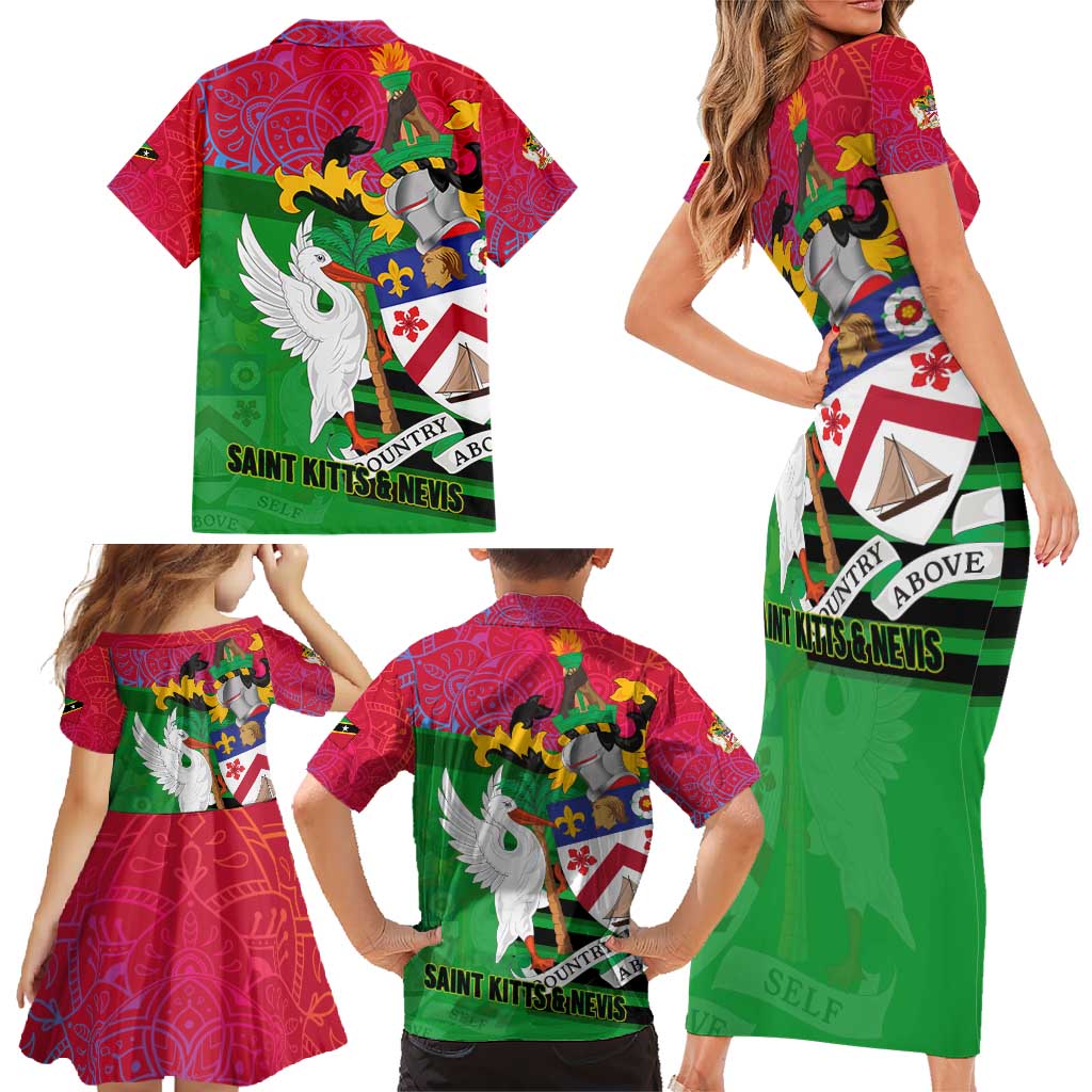 Saint Kitts and Nevis Apparel Family Matching Short Sleeve Bodycon Dress and Hawaiian Shirt with National Coat of Arms and Cannon Graphic in Red and Green Cultural Pattern Design - Wonder Print Shop