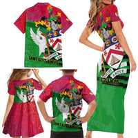 Saint Kitts and Nevis Apparel Family Matching Short Sleeve Bodycon Dress and Hawaiian Shirt with National Coat of Arms and Cannon Graphic in Red and Green Cultural Pattern Design - Wonder Print Shop