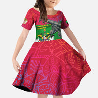 Saint Kitts and Nevis Apparel Family Matching Summer Maxi Dress and Hawaiian Shirt with National Coat of Arms and Cannon Graphic in Red and Green Cultural Pattern Design - Wonder Print Shop