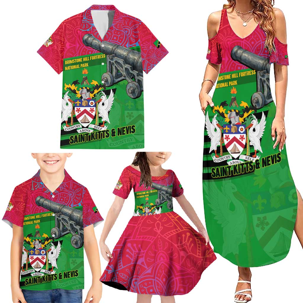 Saint Kitts and Nevis Apparel Family Matching Summer Maxi Dress and Hawaiian Shirt with National Coat of Arms and Cannon Graphic in Red and Green Cultural Pattern Design - Wonder Print Shop