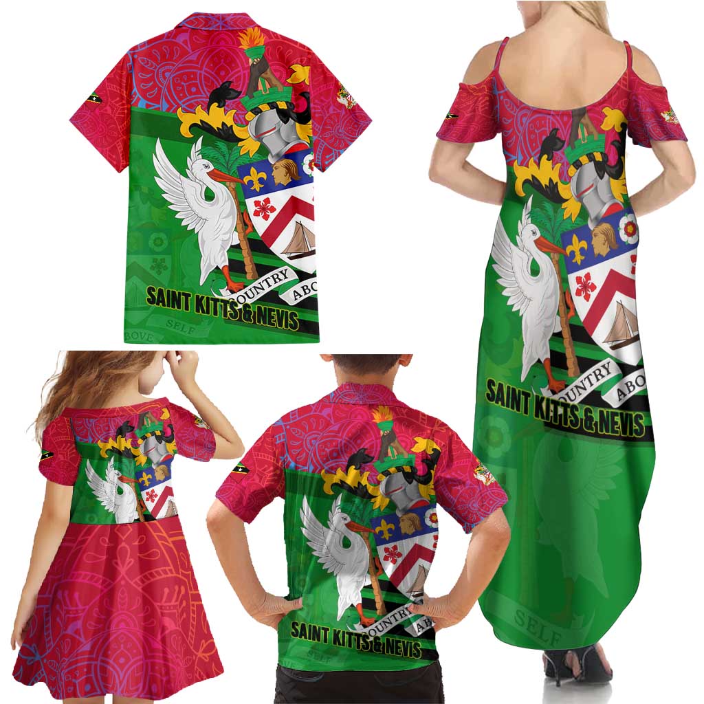 Saint Kitts and Nevis Apparel Family Matching Summer Maxi Dress and Hawaiian Shirt with National Coat of Arms and Cannon Graphic in Red and Green Cultural Pattern Design - Wonder Print Shop