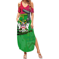 Saint Kitts and Nevis Apparel Family Matching Summer Maxi Dress and Hawaiian Shirt with National Coat of Arms and Cannon Graphic in Red and Green Cultural Pattern Design - Wonder Print Shop