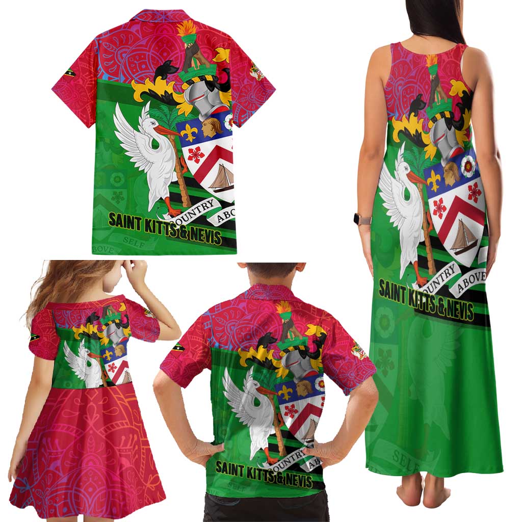 Saint Kitts and Nevis Apparel Family Matching Tank Maxi Dress and Hawaiian Shirt with National Coat of Arms and Cannon Graphic in Red and Green Cultural Pattern Design - Wonder Print Shop