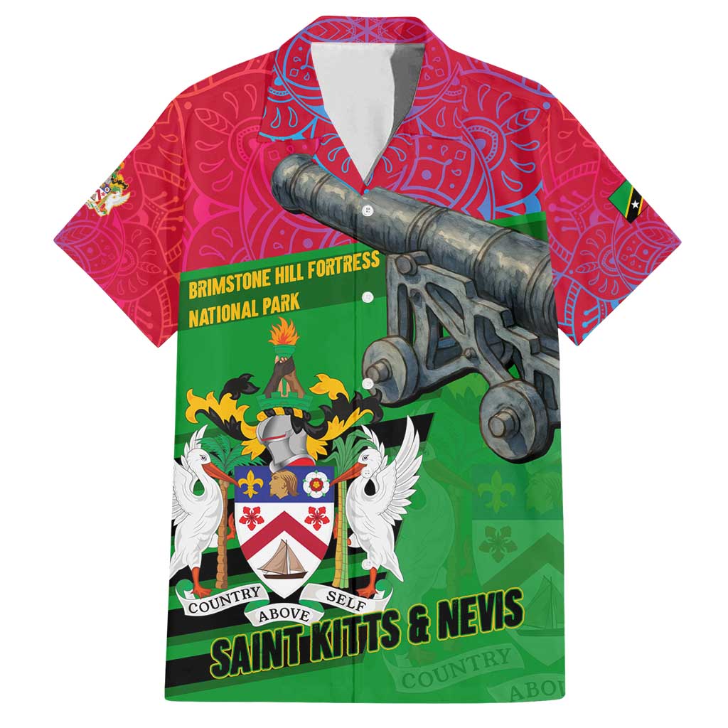 Saint Kitts and Nevis Apparel Family Matching Tank Maxi Dress and Hawaiian Shirt with National Coat of Arms and Cannon Graphic in Red and Green Cultural Pattern Design - Wonder Print Shop