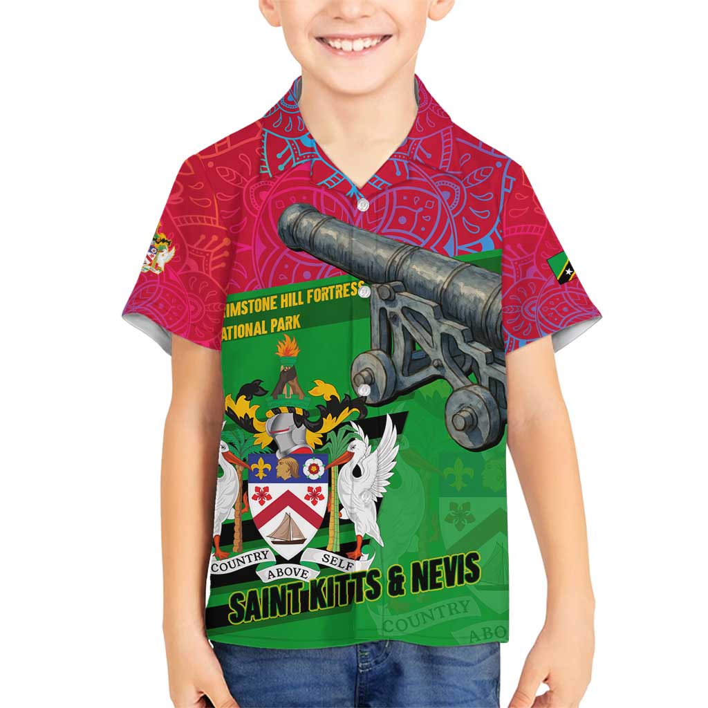 Saint Kitts and Nevis Apparel Family Matching Tank Maxi Dress and Hawaiian Shirt with National Coat of Arms and Cannon Graphic in Red and Green Cultural Pattern Design - Wonder Print Shop