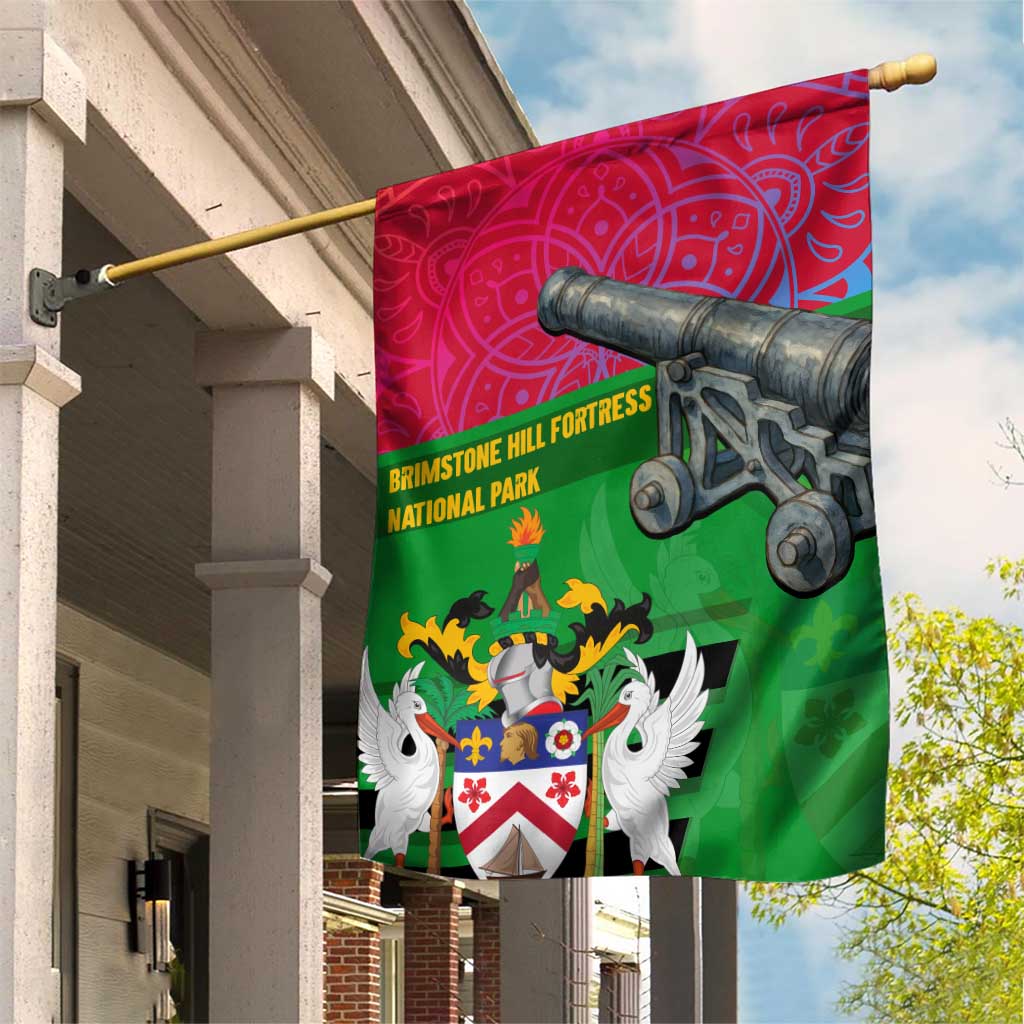 Saint Kitts and Nevis Apparel Garden Flag with National Coat of Arms and Cannon Graphic in Red and Green Cultural Pattern Design - Wonder Print Shop