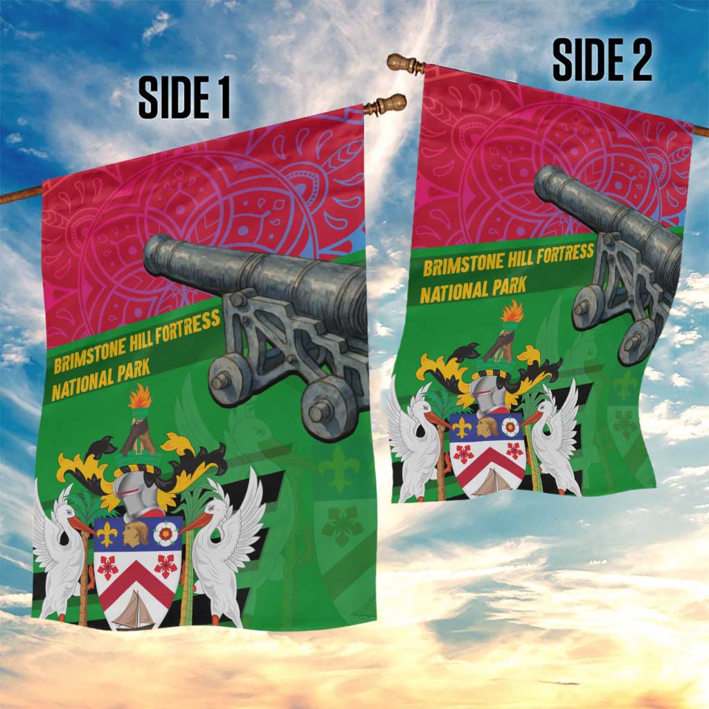 Saint Kitts and Nevis Apparel Garden Flag with National Coat of Arms and Cannon Graphic in Red and Green Cultural Pattern Design - Wonder Print Shop