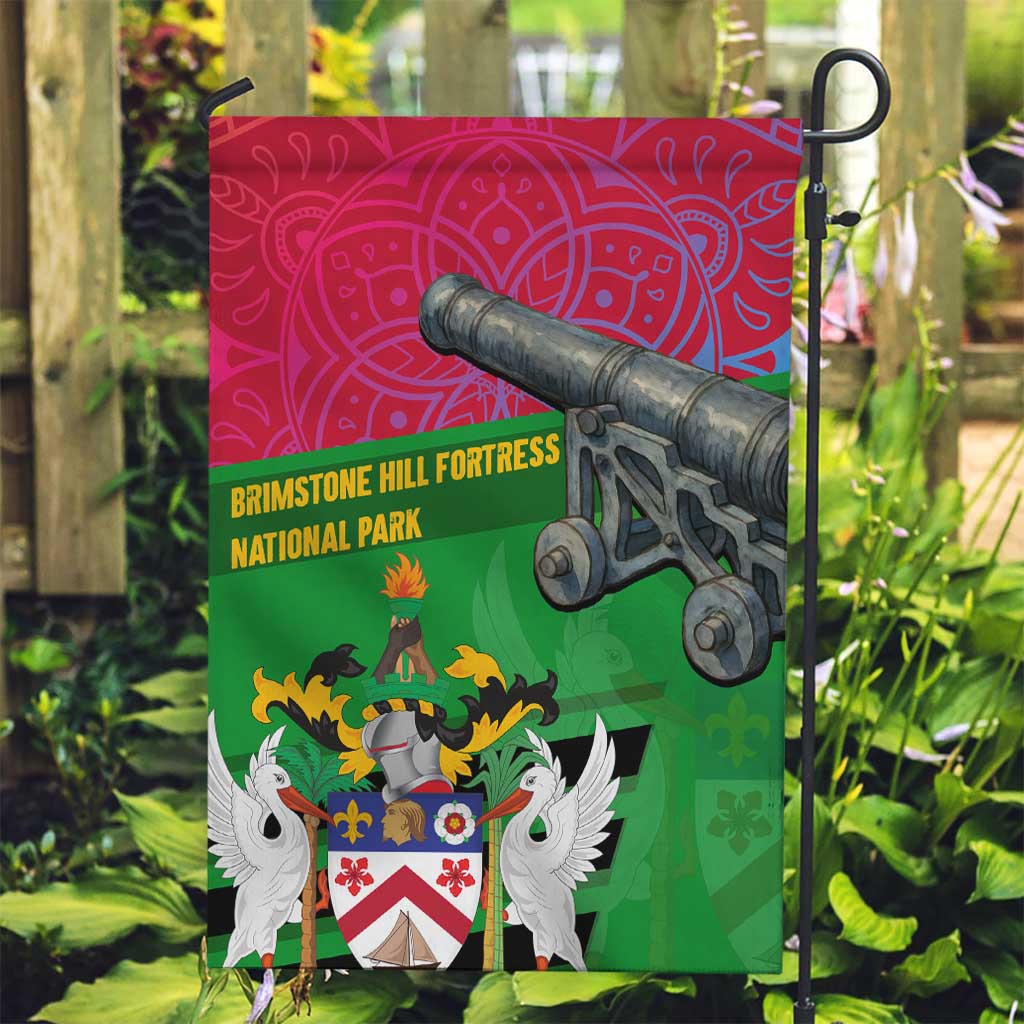 Saint Kitts and Nevis Apparel Garden Flag with National Coat of Arms and Cannon Graphic in Red and Green Cultural Pattern Design - Wonder Print Shop