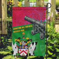 Saint Kitts and Nevis Apparel Garden Flag with National Coat of Arms and Cannon Graphic in Red and Green Cultural Pattern Design - Wonder Print Shop