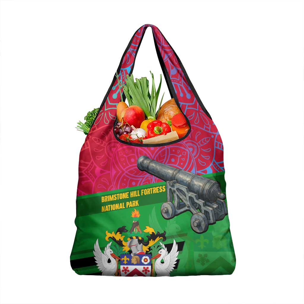 Saint Kitts and Nevis Apparel Grocery Bag with National Coat of Arms and Cannon Graphic in Red and Green Cultural Pattern Design - Wonder Print Shop