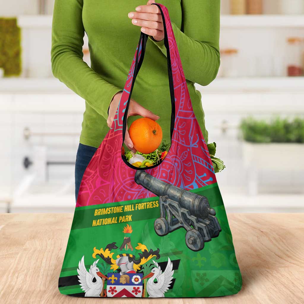 Saint Kitts and Nevis Apparel Grocery Bag with National Coat of Arms and Cannon Graphic in Red and Green Cultural Pattern Design - Wonder Print Shop