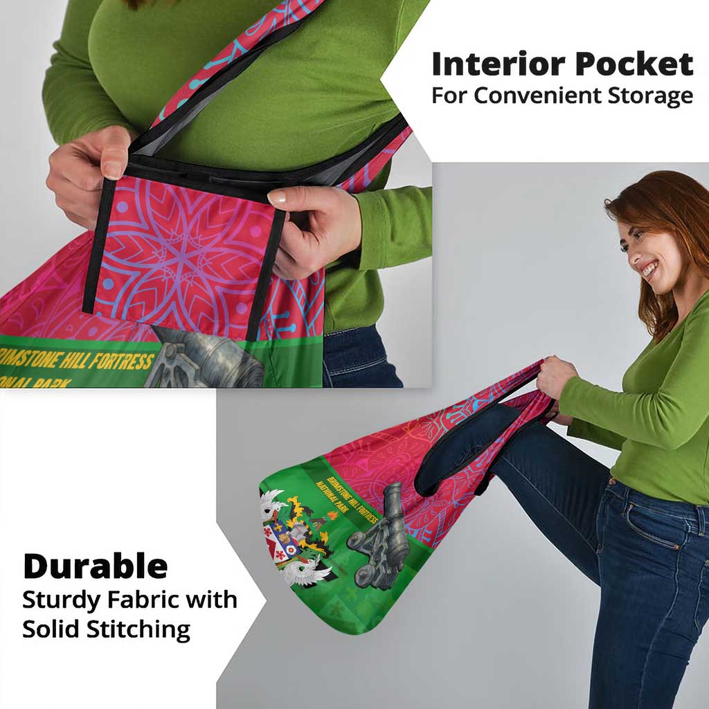 Saint Kitts and Nevis Apparel Grocery Bag with National Coat of Arms and Cannon Graphic in Red and Green Cultural Pattern Design - Wonder Print Shop