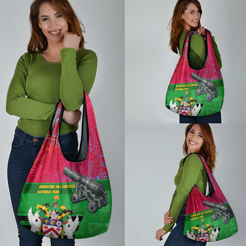 Saint Kitts and Nevis Apparel Grocery Bag with National Coat of Arms and Cannon Graphic in Red and Green Cultural Pattern Design - Wonder Print Shop
