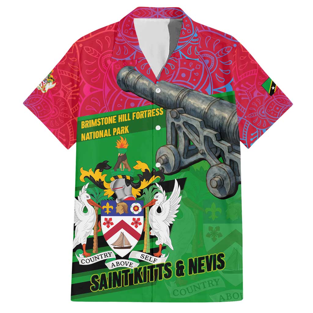 Saint Kitts and Nevis Apparel Hawaiian Shirt with National Coat of Arms and Cannon Graphic in Red and Green Cultural Pattern Design - Wonder Print Shop