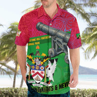 Saint Kitts and Nevis Apparel Hawaiian Shirt with National Coat of Arms and Cannon Graphic in Red and Green Cultural Pattern Design - Wonder Print Shop