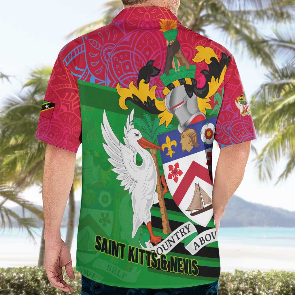 Saint Kitts and Nevis Apparel Hawaiian Shirt with National Coat of Arms and Cannon Graphic in Red and Green Cultural Pattern Design - Wonder Print Shop