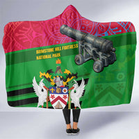 Saint Kitts and Nevis Apparel Hooded Blanket with National Coat of Arms and Cannon Graphic in Red and Green Cultural Pattern Design - Wonder Print Shop