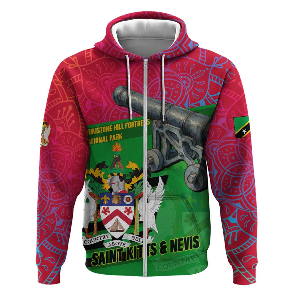 Saint Kitts and Nevis Apparel Hoodie with National Coat of Arms and Cannon Graphic in Red and Green Cultural Pattern Design - Wonder Print Shop
