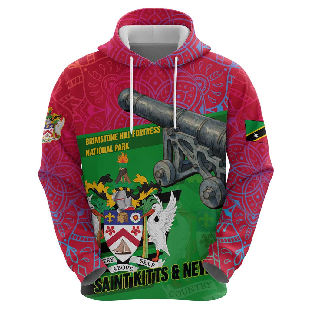 Saint Kitts and Nevis Apparel Hoodie with National Coat of Arms and Cannon Graphic in Red and Green Cultural Pattern Design - Wonder Print Shop