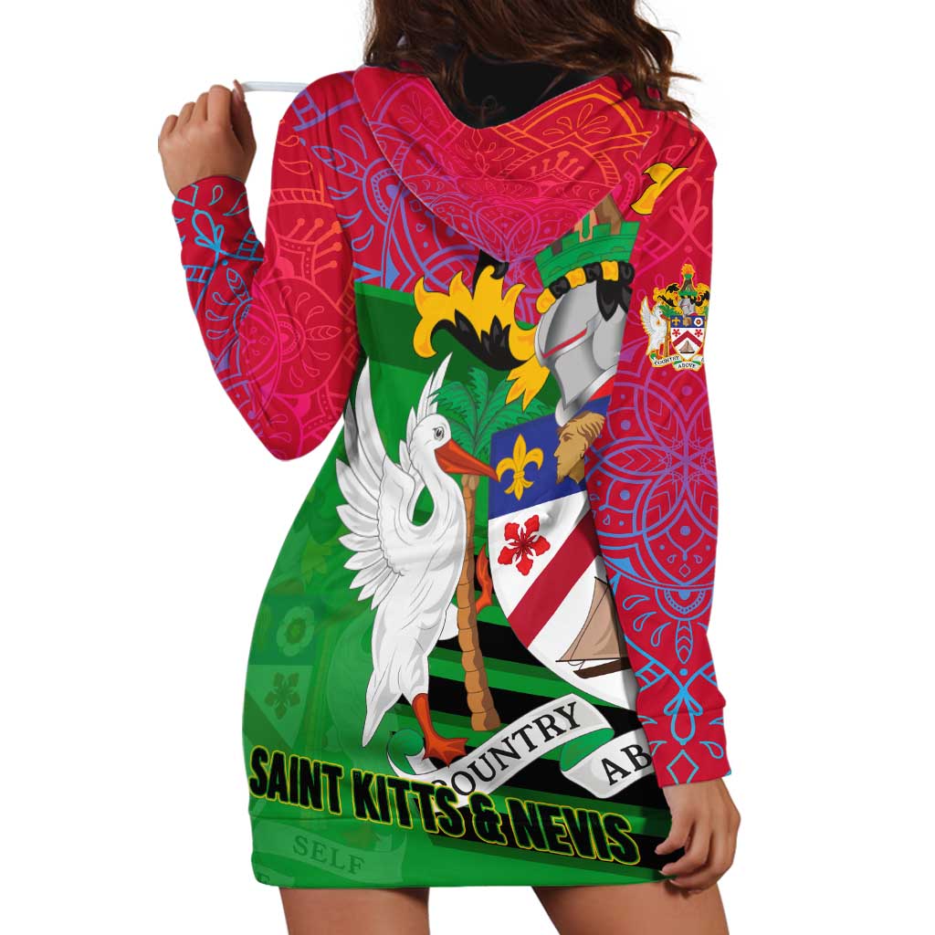 Saint Kitts and Nevis Apparel Hoodie Dress with National Coat of Arms and Cannon Graphic in Red and Green Cultural Pattern Design - Wonder Print Shop