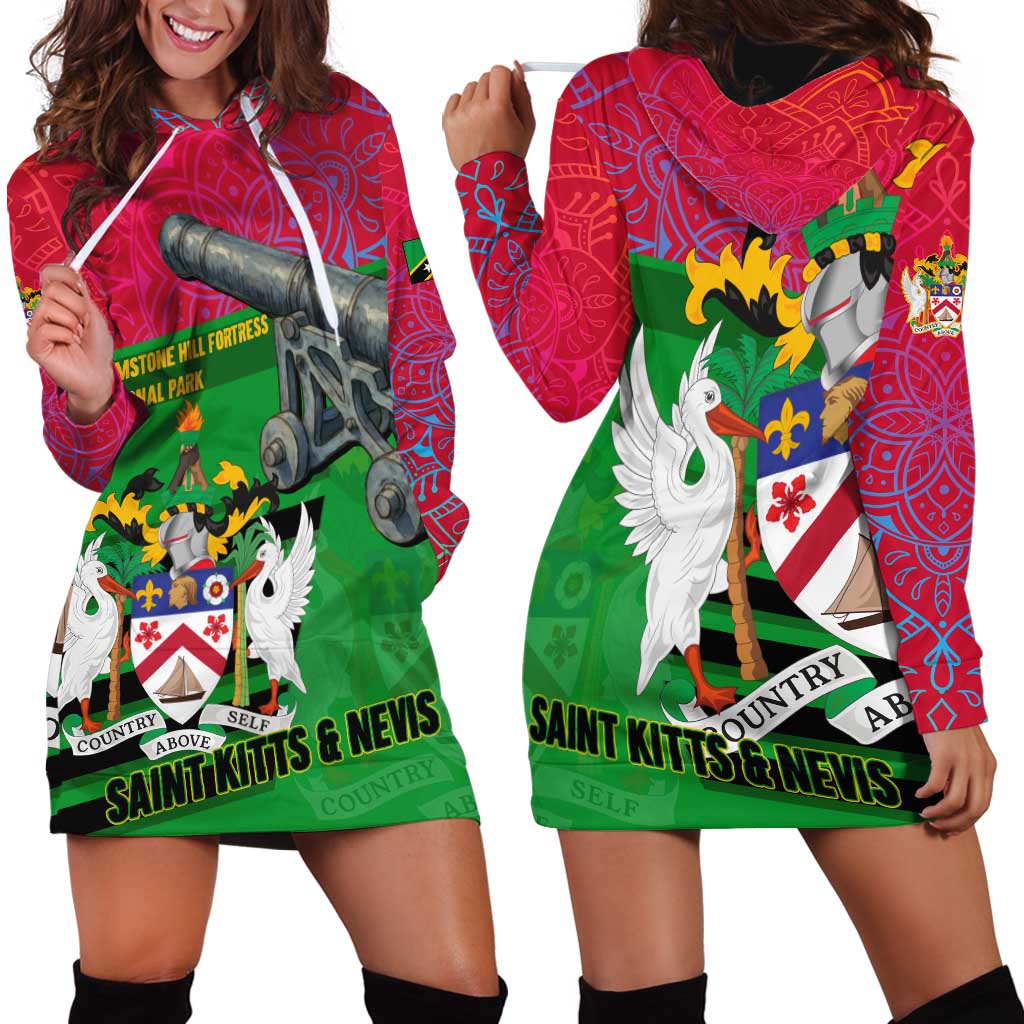 Saint Kitts and Nevis Apparel Hoodie Dress with National Coat of Arms and Cannon Graphic in Red and Green Cultural Pattern Design - Wonder Print Shop