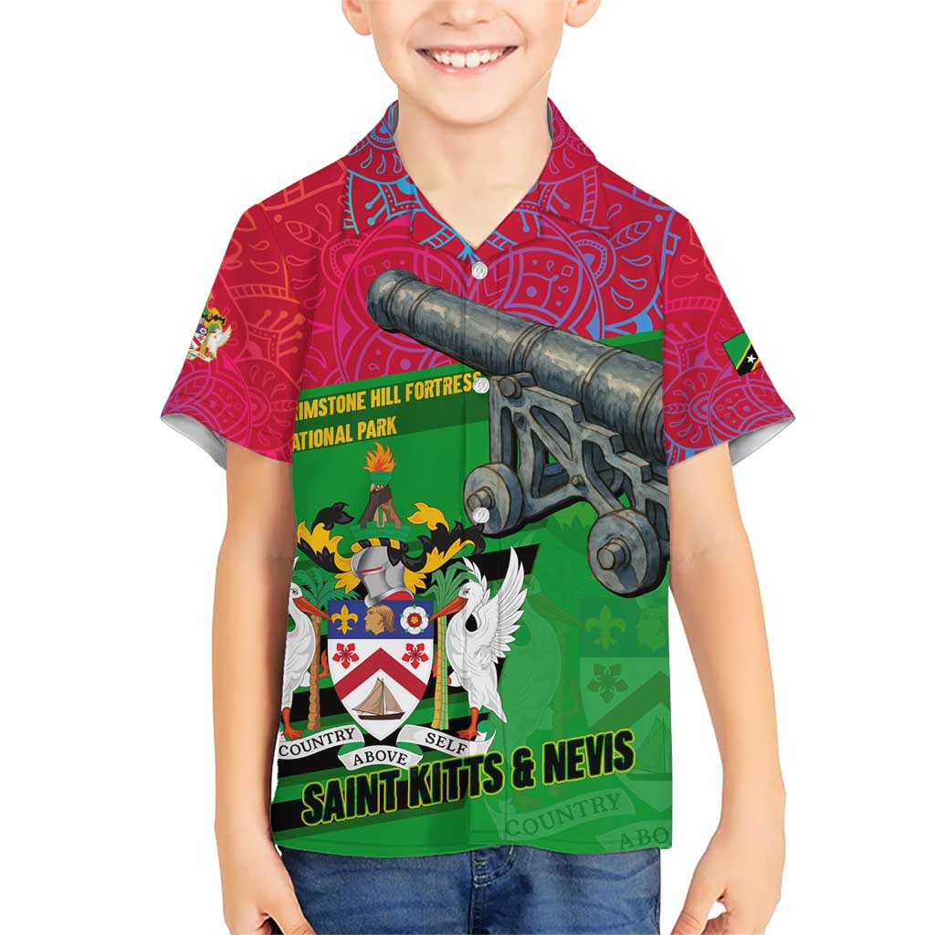 Saint Kitts and Nevis Apparel Kid Hawaiian Shirt with National Coat of Arms and Cannon Graphic in Red and Green Cultural Pattern Design - Wonder Print Shop