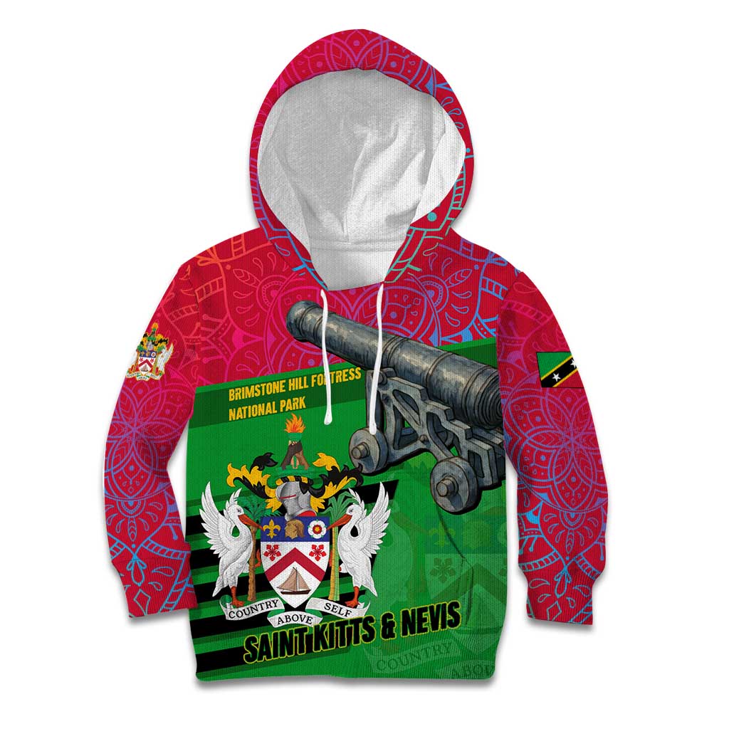 Saint Kitts and Nevis Apparel Kid Hoodie with National Coat of Arms and Cannon Graphic in Red and Green Cultural Pattern Design - Wonder Print Shop