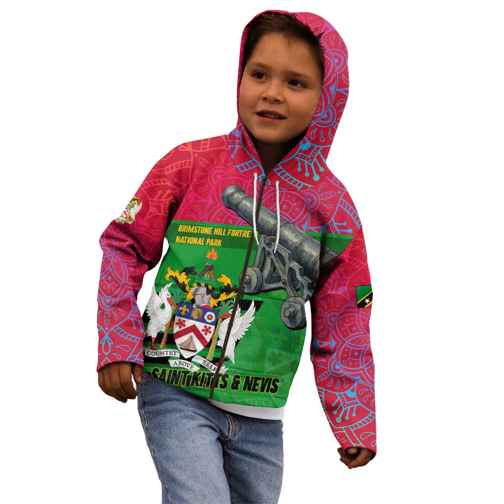 Saint Kitts and Nevis Apparel Kid Hoodie with National Coat of Arms and Cannon Graphic in Red and Green Cultural Pattern Design - Wonder Print Shop