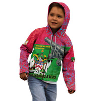 Saint Kitts and Nevis Apparel Kid Hoodie with National Coat of Arms and Cannon Graphic in Red and Green Cultural Pattern Design - Wonder Print Shop