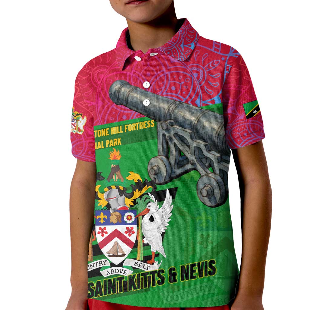 Saint Kitts and Nevis Apparel Kid Polo Shirt with National Coat of Arms and Cannon Graphic in Red and Green Cultural Pattern Design - Wonder Print Shop