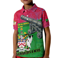 Saint Kitts and Nevis Apparel Kid Polo Shirt with National Coat of Arms and Cannon Graphic in Red and Green Cultural Pattern Design - Wonder Print Shop