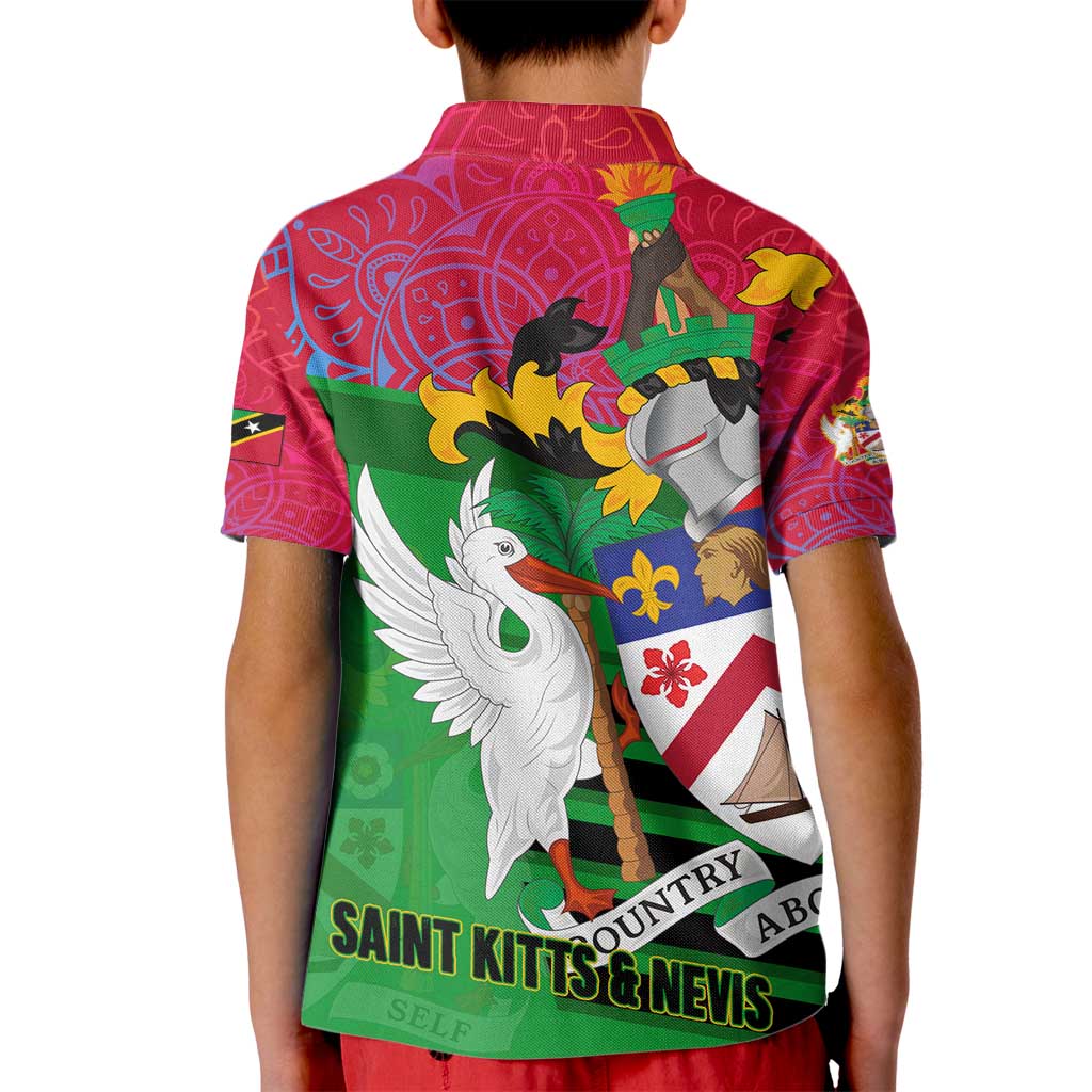 Saint Kitts and Nevis Apparel Kid Polo Shirt with National Coat of Arms and Cannon Graphic in Red and Green Cultural Pattern Design - Wonder Print Shop