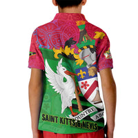 Saint Kitts and Nevis Apparel Kid Polo Shirt with National Coat of Arms and Cannon Graphic in Red and Green Cultural Pattern Design - Wonder Print Shop