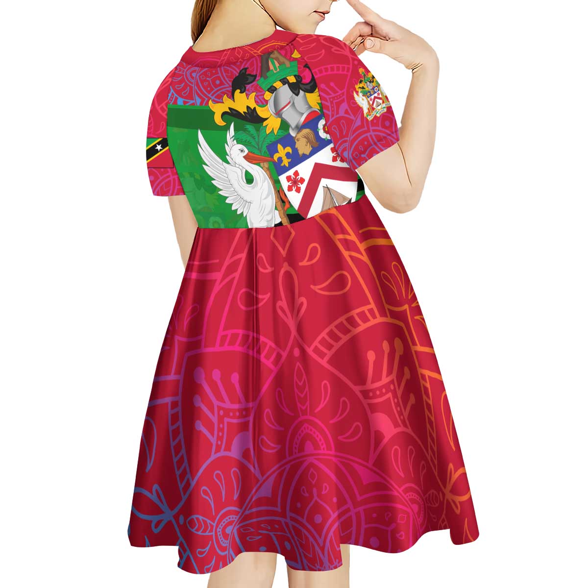 Saint Kitts and Nevis Apparel Kid Short Sleeve Dress with National Coat of Arms and Cannon Graphic in Red and Green Cultural Pattern Design - Wonder Print Shop