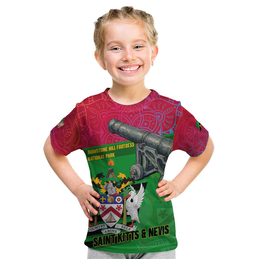 Saint Kitts and Nevis Apparel Kid T Shirt with National Coat of Arms and Cannon Graphic in Red and Green Cultural Pattern Design - Wonder Print Shop