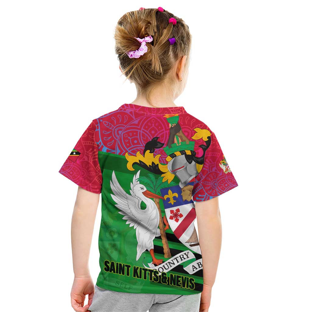 Saint Kitts and Nevis Apparel Kid T Shirt with National Coat of Arms and Cannon Graphic in Red and Green Cultural Pattern Design - Wonder Print Shop