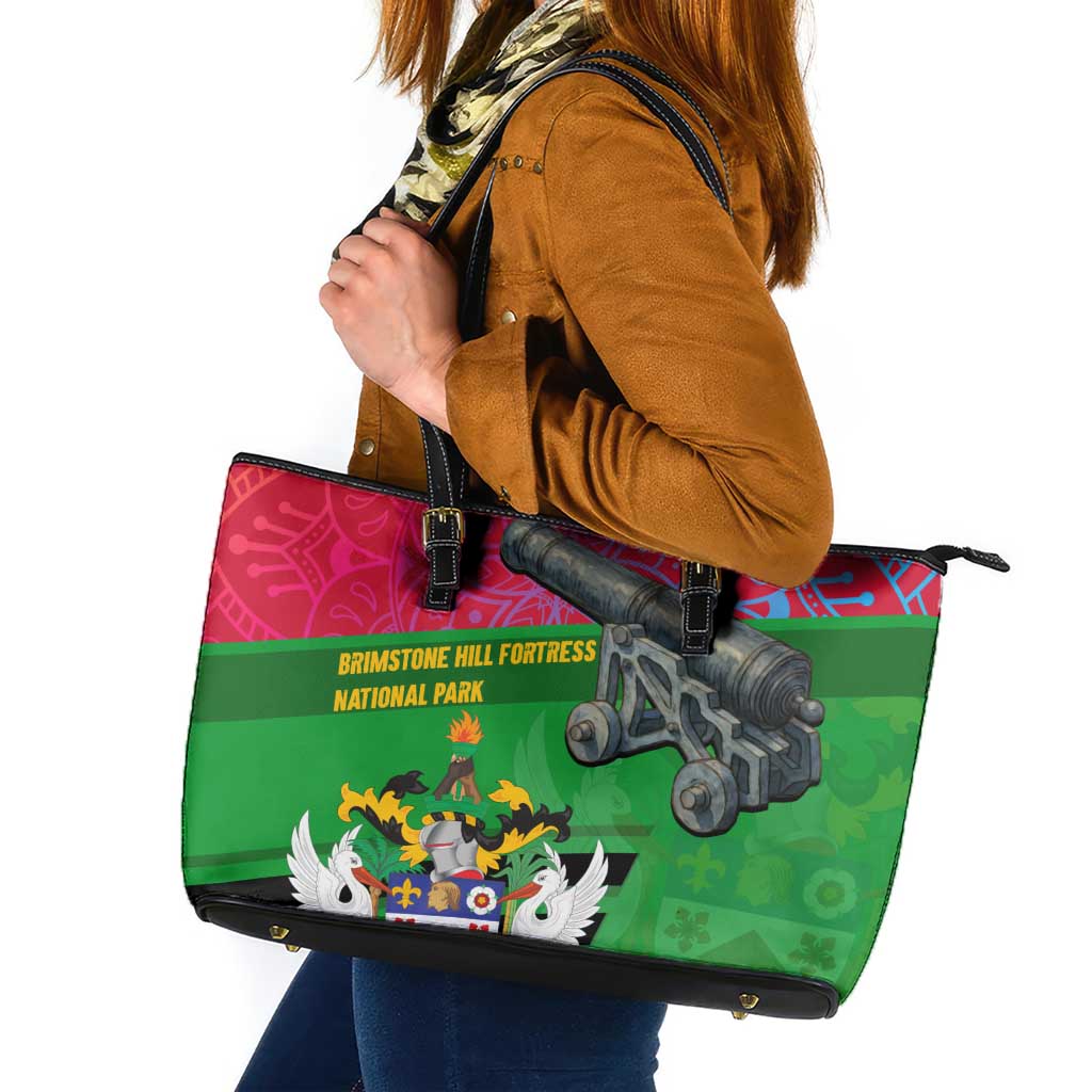 Saint Kitts and Nevis Apparel Leather Tote Bag with National Coat of Arms and Cannon Graphic in Red and Green Cultural Pattern Design - Wonder Print Shop