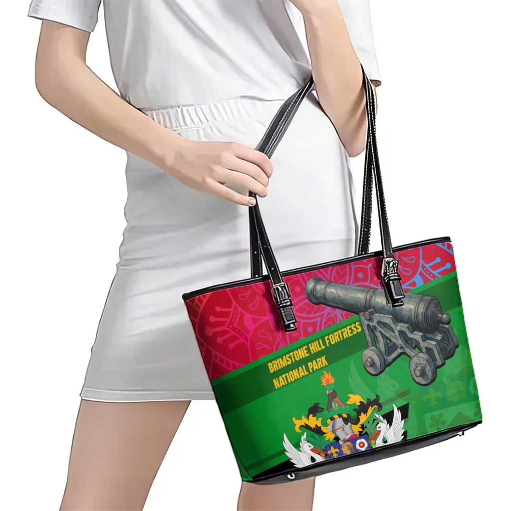 Saint Kitts and Nevis Apparel Leather Tote Bag with National Coat of Arms and Cannon Graphic in Red and Green Cultural Pattern Design - Wonder Print Shop