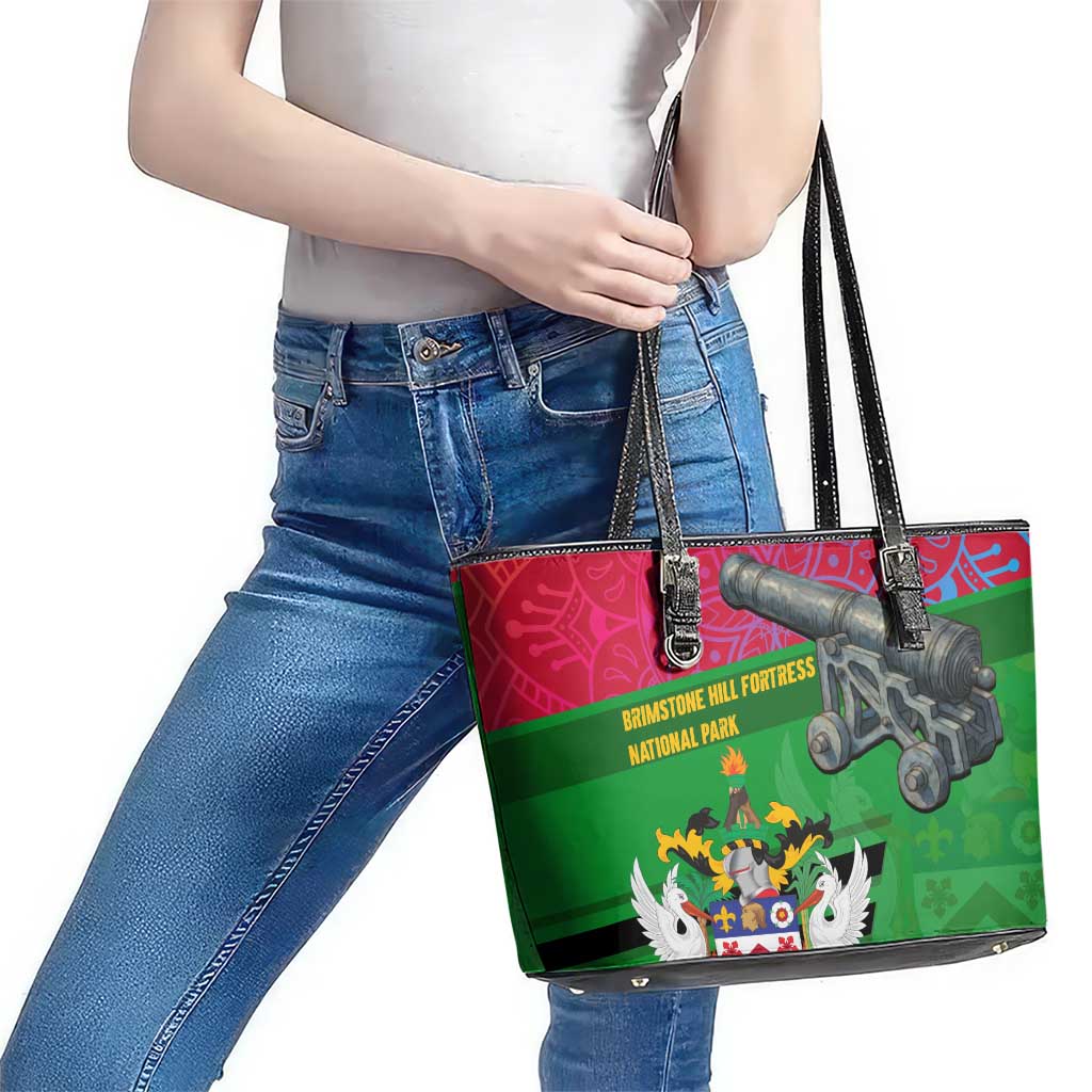 Saint Kitts and Nevis Apparel Leather Tote Bag with National Coat of Arms and Cannon Graphic in Red and Green Cultural Pattern Design - Wonder Print Shop